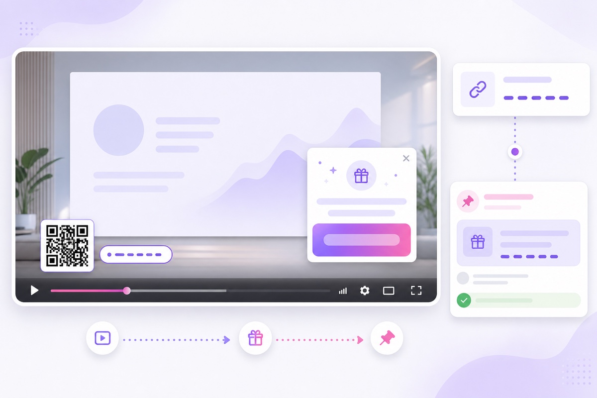 Webinar replay lead capture layout with an on-screen QR code, short URL, description link, and pinned chat