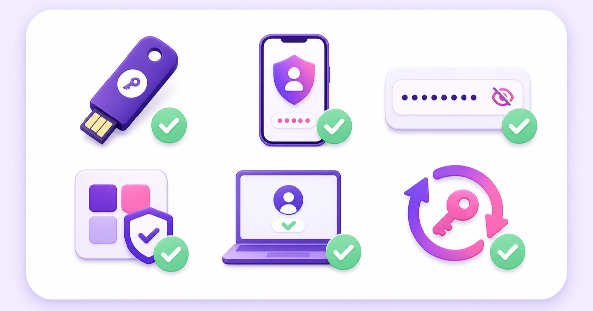 Checklist of passkeys, two-factor verification, hidden credentials, trusted apps, device reviews, and key rotation