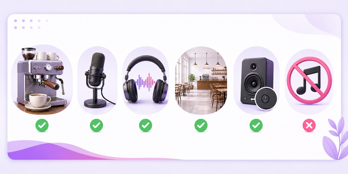 Clean cafe audio recording checklist showing a microphone, headphones, empty venue, and commercial music switched off