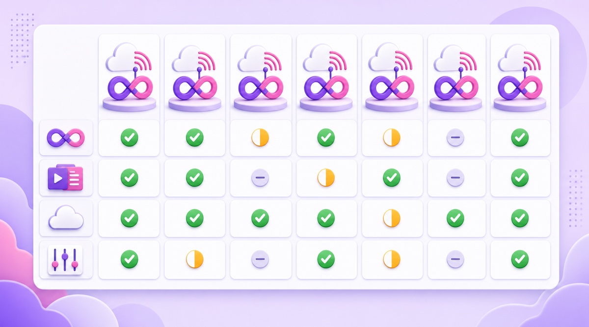 Visual scorecard comparing cloud loop services on looping, playlists, cloud operation, and destination control