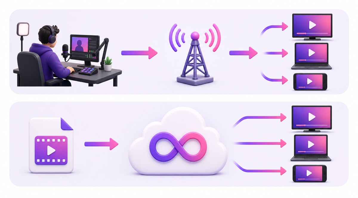 Two streaming workflows: a produced live show through a relay and a stored video file through a cloud loop service