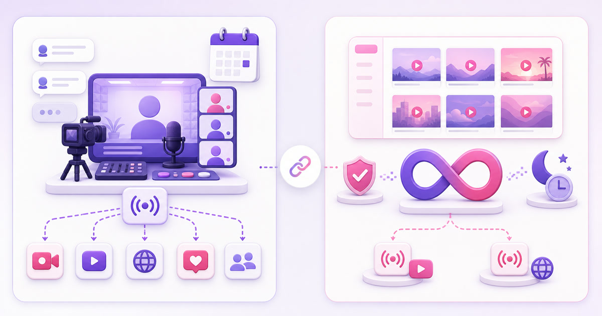 Plan-fit illustration comparing a live studio with guests and multichannel distribution against an always-on video library with looping and recovery