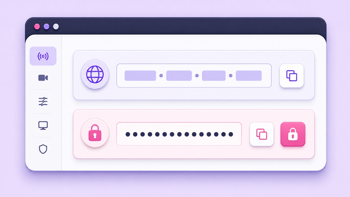 Illustration of separate YouTube stream URL and securely masked stream key rows in a live control panel