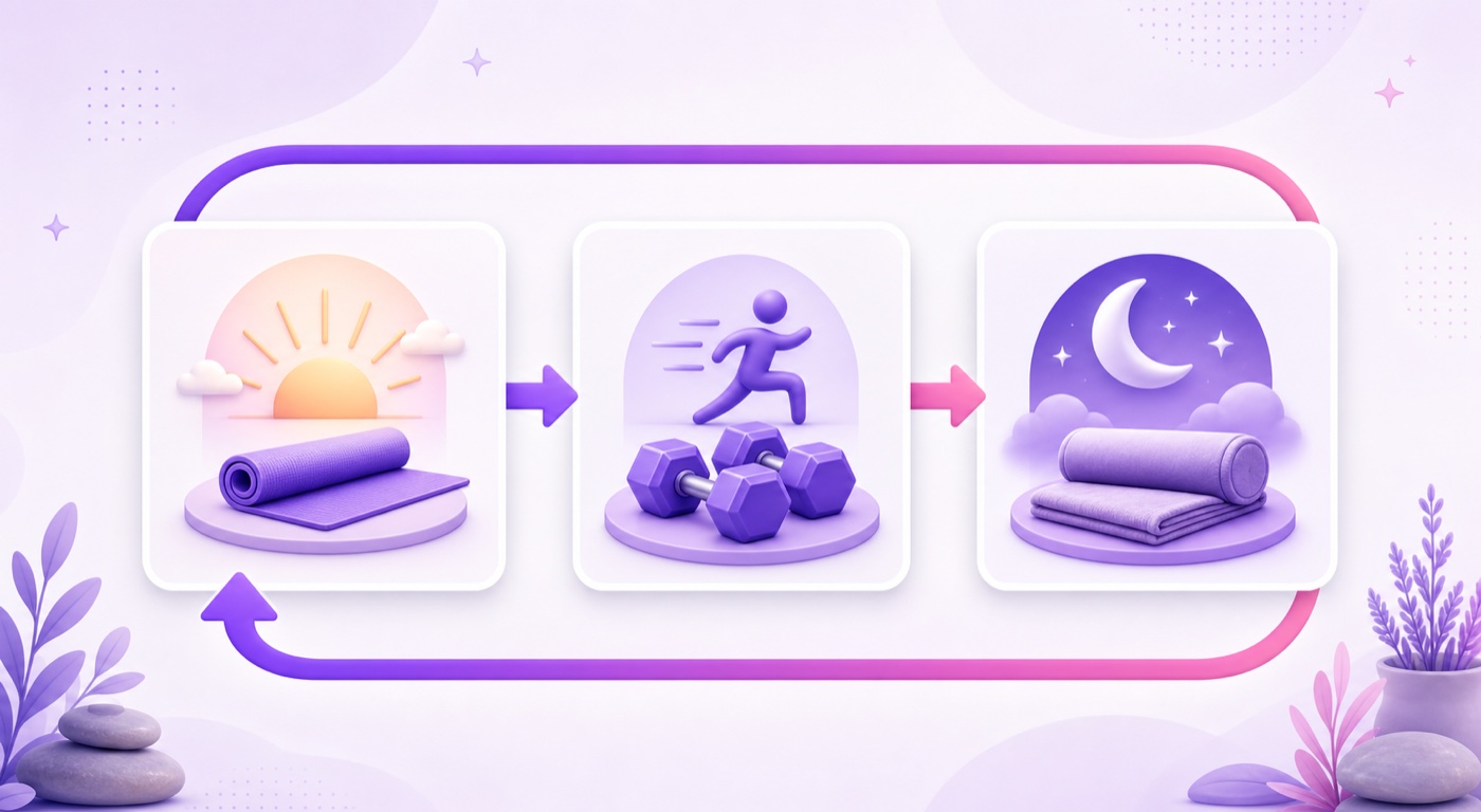 Three-part yoga and workout block plan connected by a continuous loop arrow