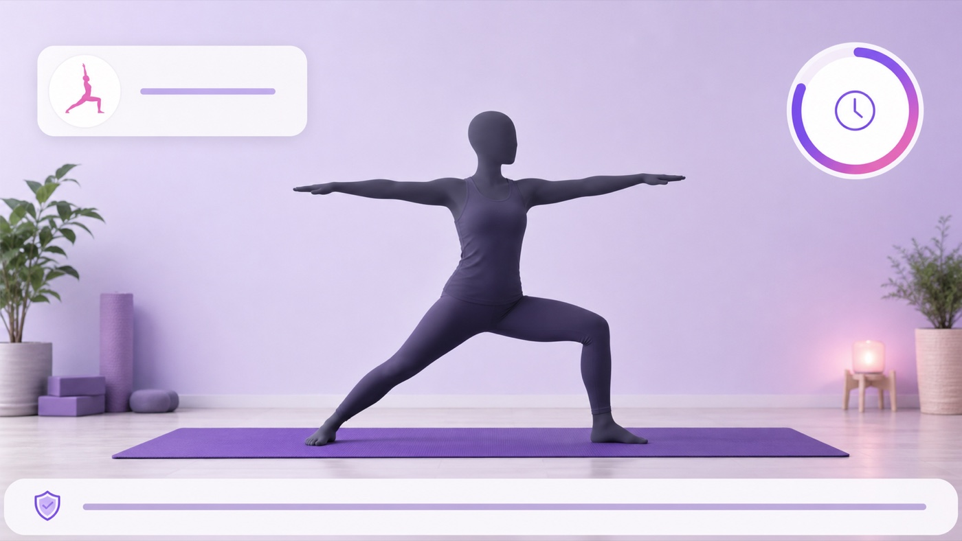 Yoga class video layout with safe positions for a pose label, timer and safety notice