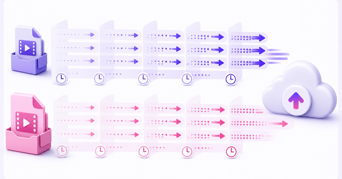 Small and large video files moving through progressively faster upload lanes toward cloud storage