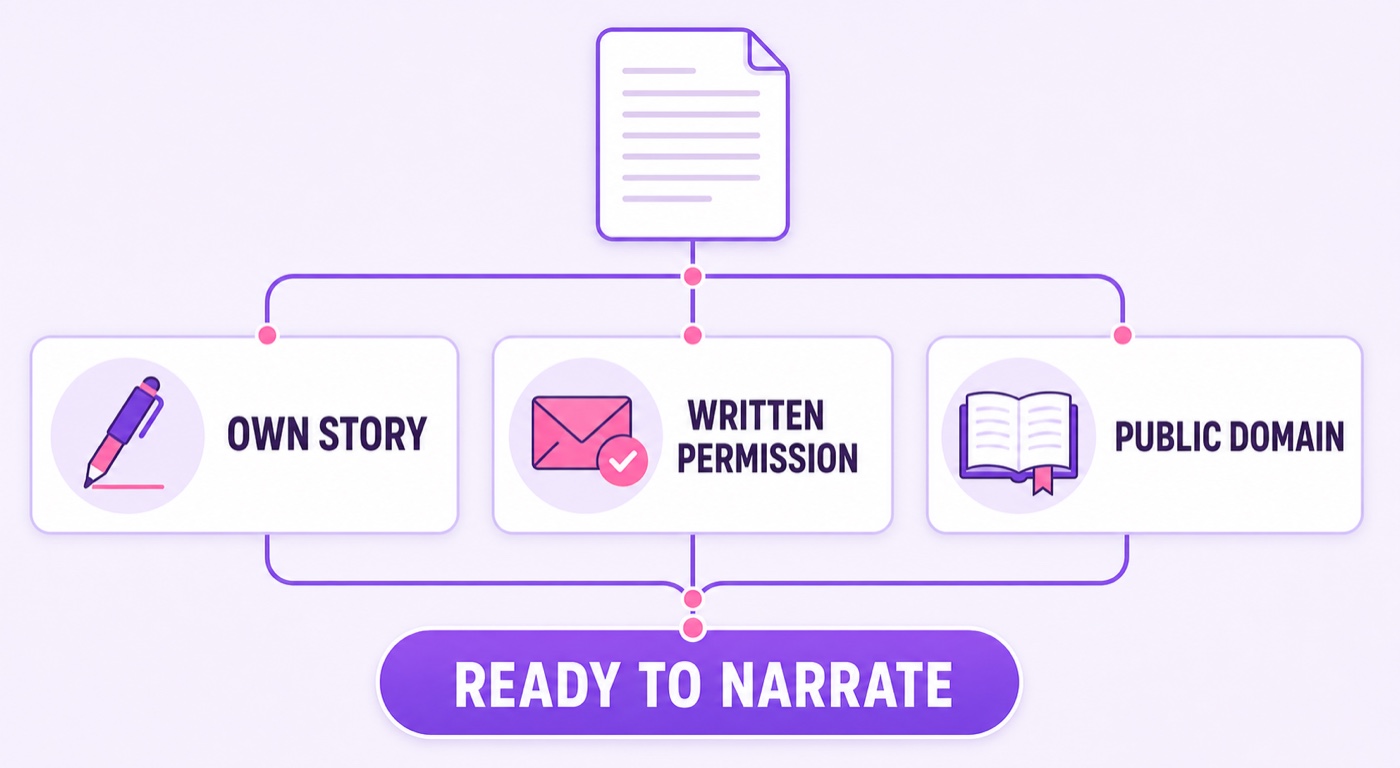 Decision flowchart showing own stories, written permission, and public-domain stories as safe sourcing routes