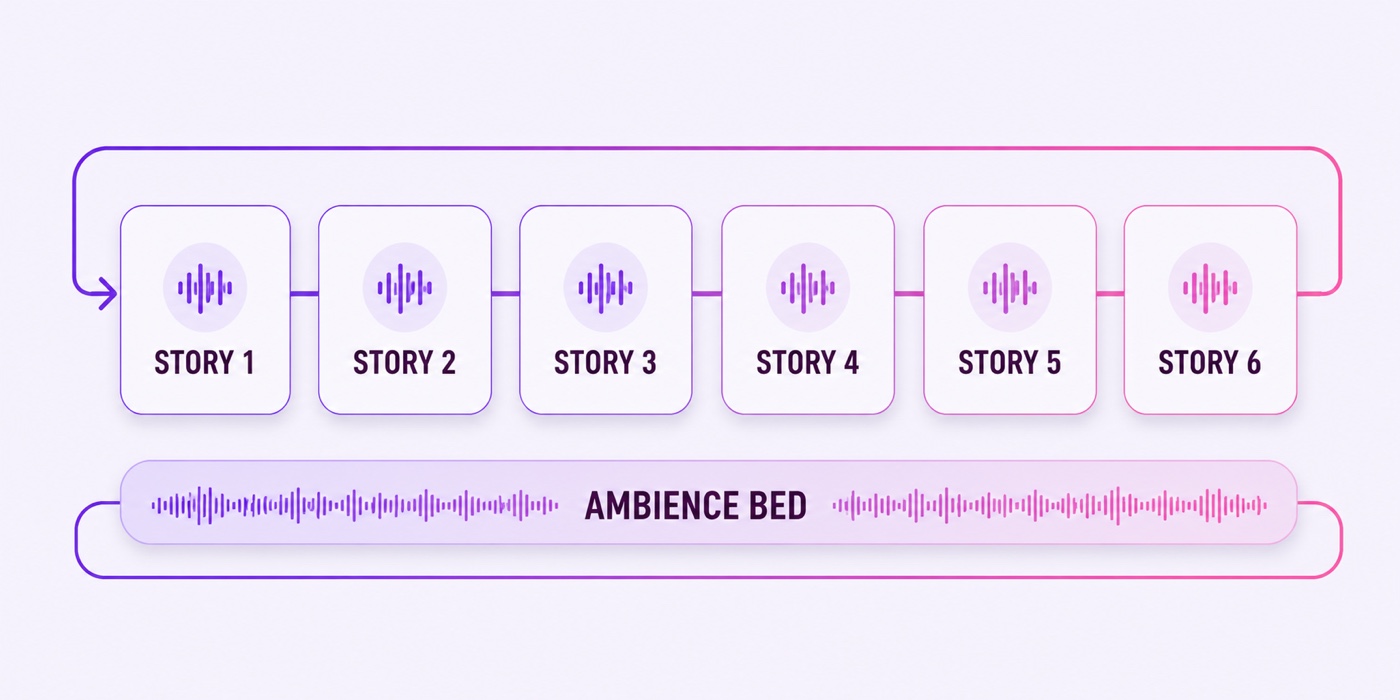 Loop structure with six horror story segments over one continuous ambience audio bed