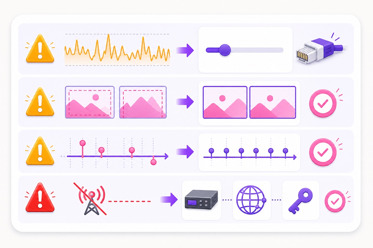 Visual table mapping bitrate, video format, keyframe, and disconnection warnings to their fixes