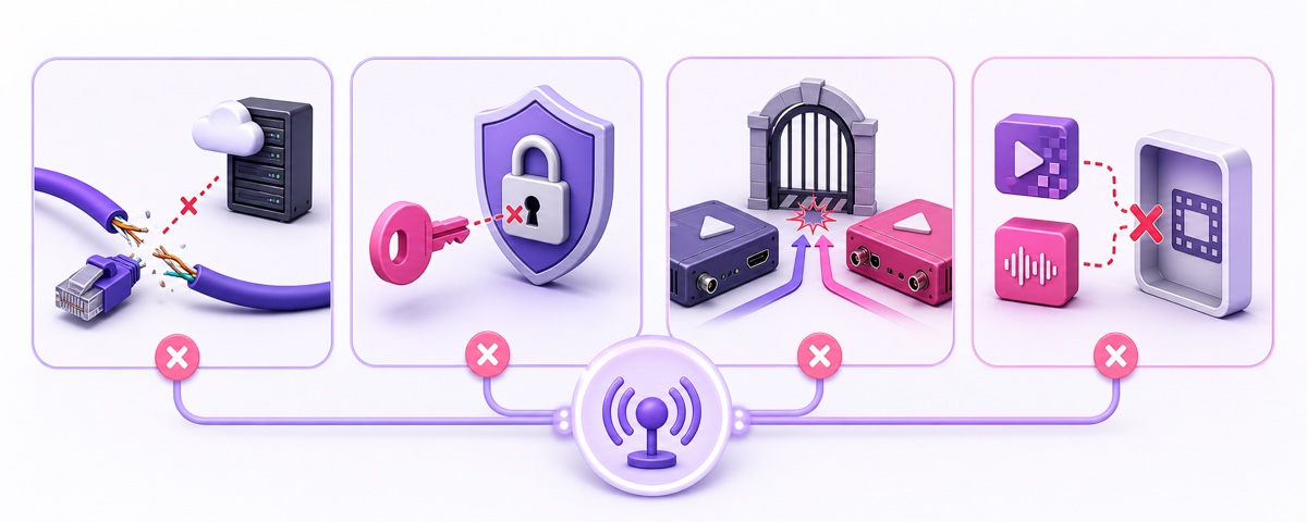 Four livestream publishing error families: connection, authentication, publisher conflict, and format rejection