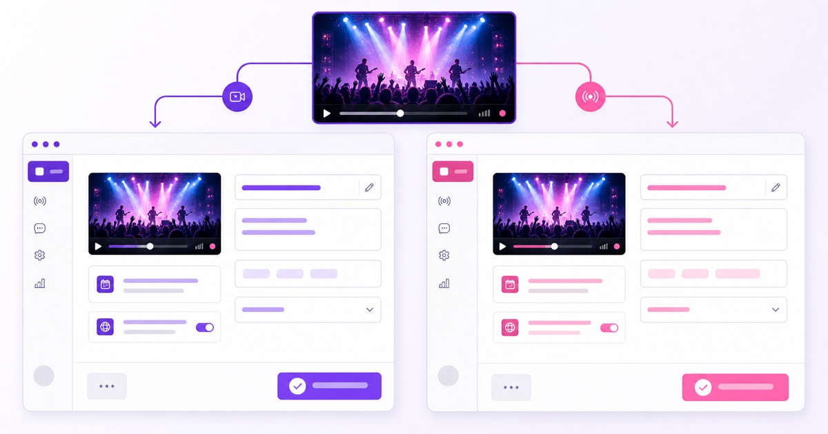 Conceptual side-by-side live dashboards showing one video preview with separate title fields
