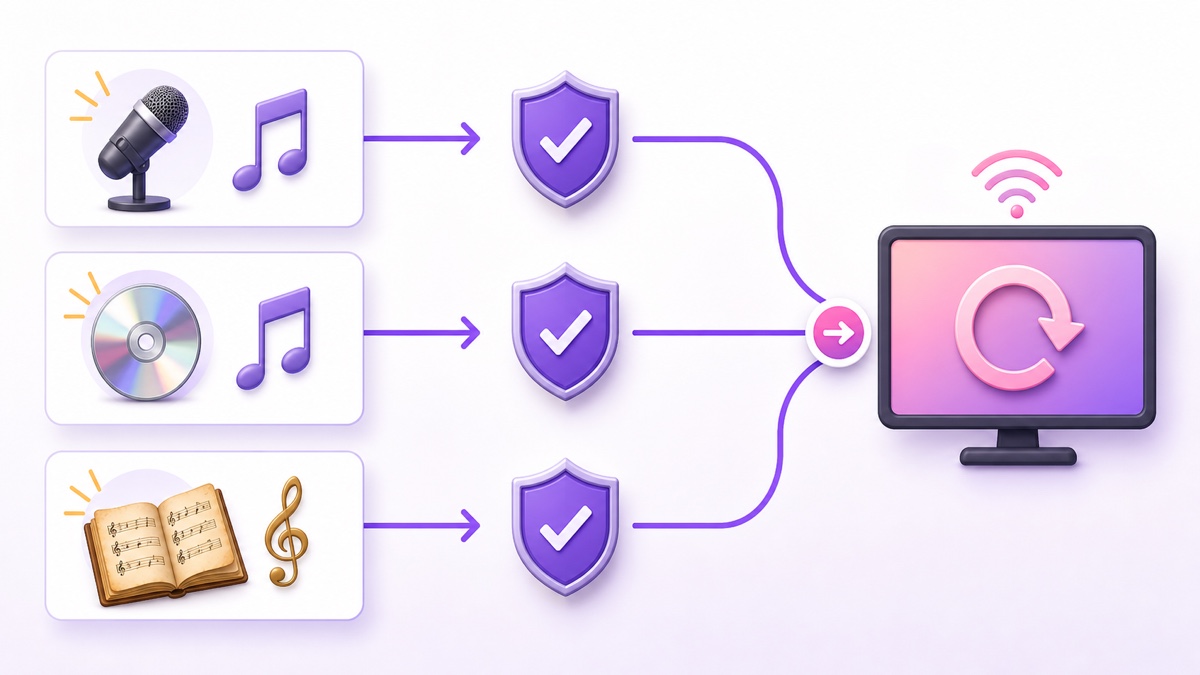 Music-rights decision flow from church performance, licensed recording, or public-domain hymn to an approved replay broadcast