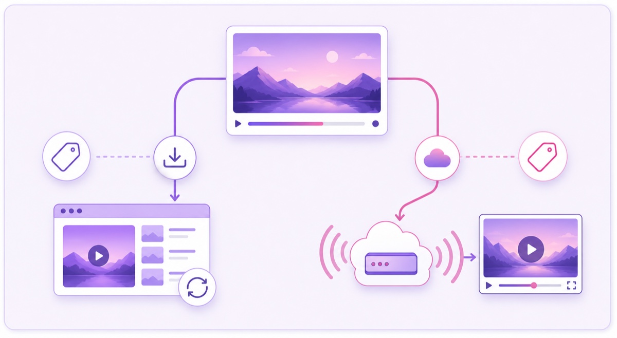 Decision diagram comparing a Twitch video-library rerun with an external RTMP cloud encoder path