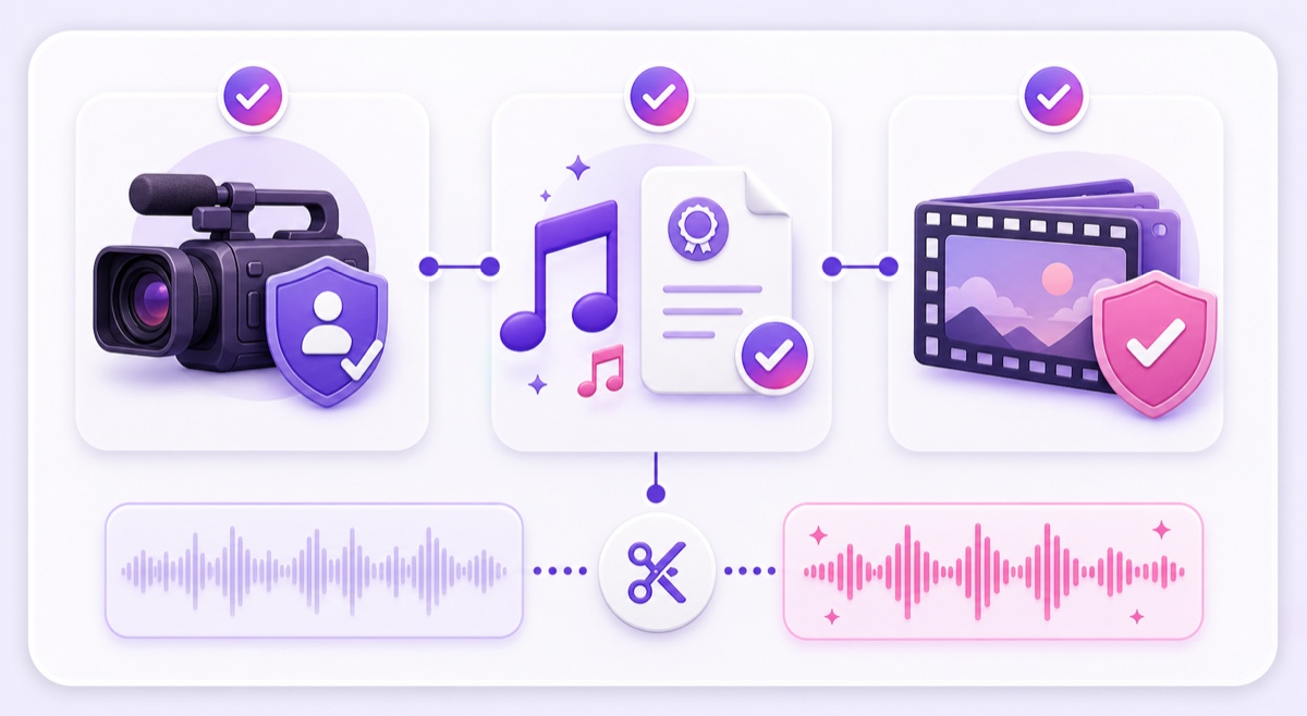 Rights checklist for owned footage, licensed music, cleared clips, and replacement audio