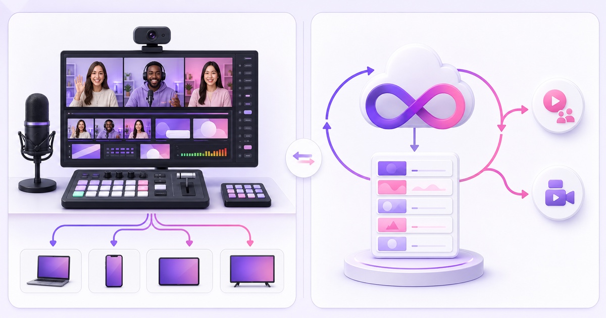 Browser production studio and cloud loop service shown as tools for two different streaming jobs