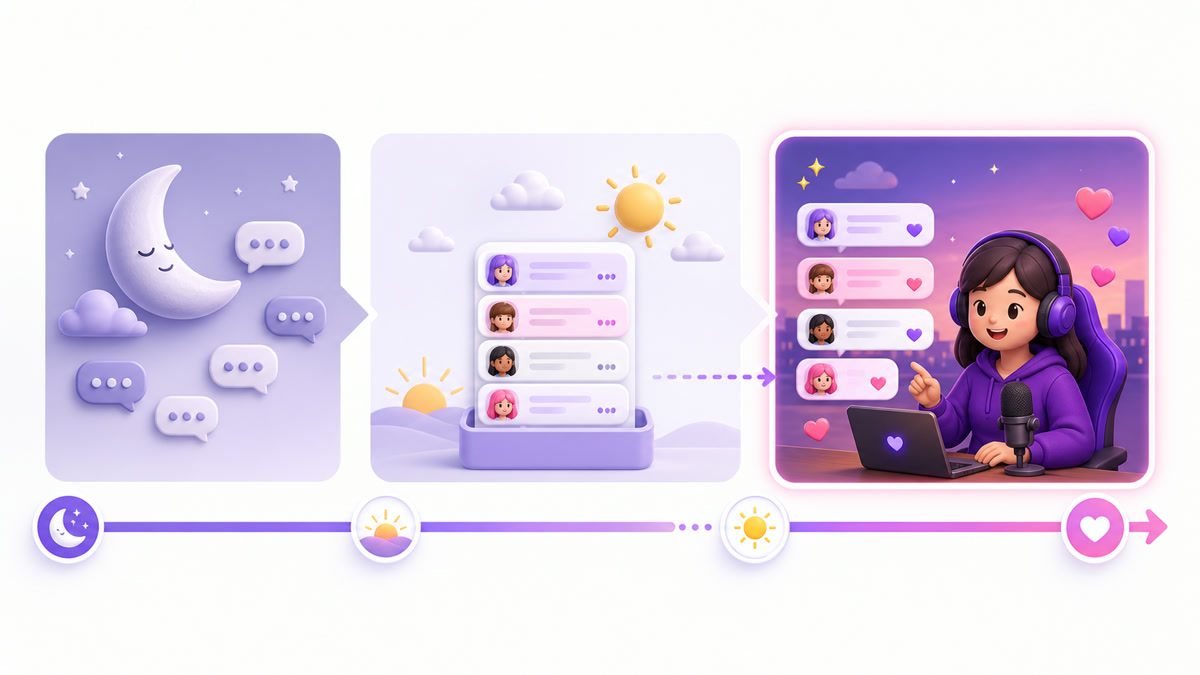 Illustration of overnight chat messages queued and acknowledged during a published creator presence window