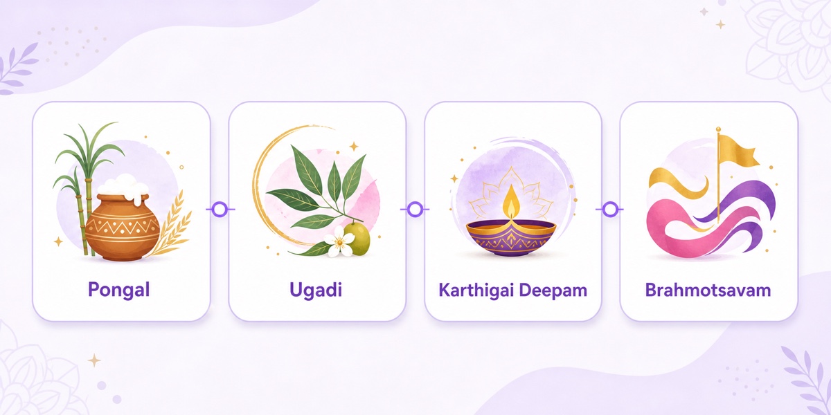 Regional programming calendar with Pongal, Ugadi, Karthigai Deepam, and Brahmotsavam planning anchors