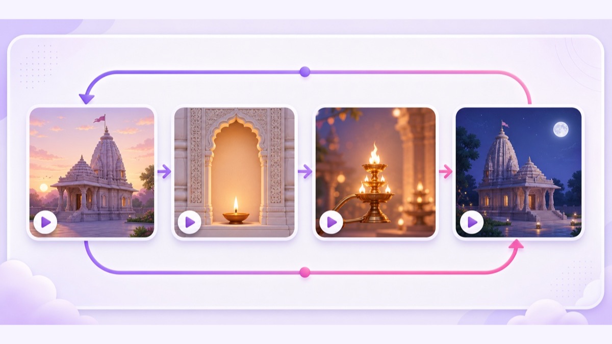 Cyclical darshan programme with morning temple, approved darshan frame, aarti, and evening temple blocks