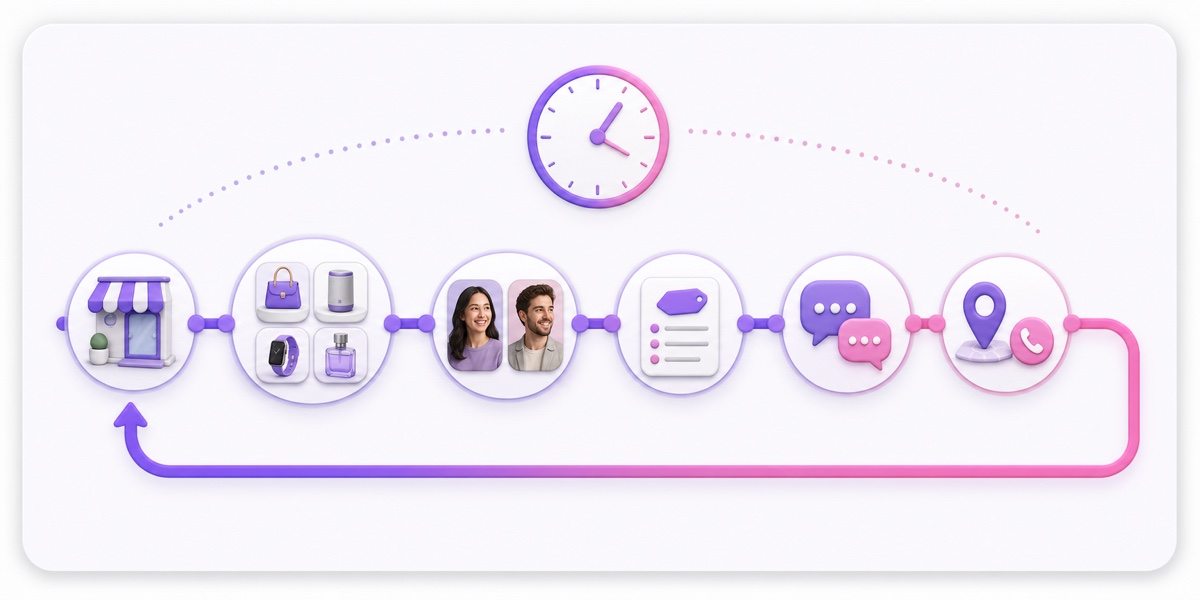 Visual timeline of a 90-minute business stream moving from welcome and product demos through customer stories, FAQs, contact details, and back to the start