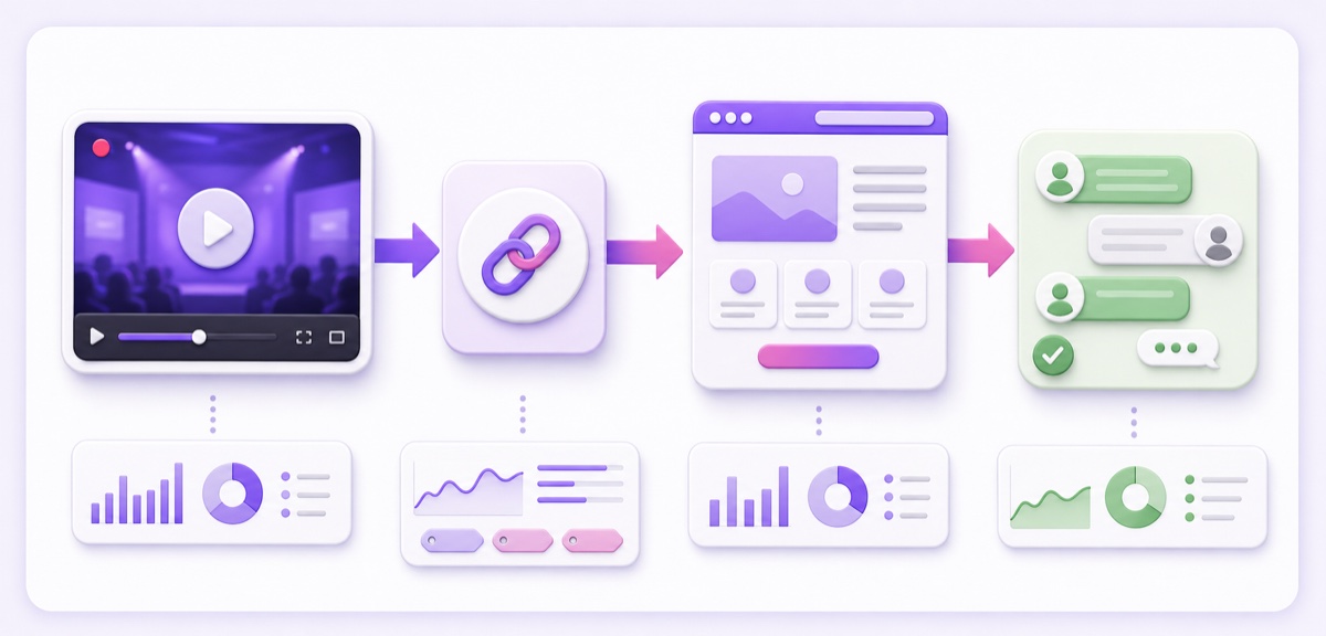 Measurement path from a business live stream through a tagged description link and dedicated landing page to a customer conversation