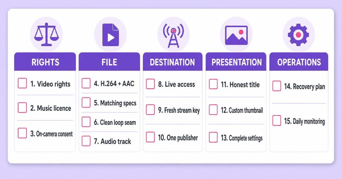 Printable 15-check preflight card covering rights, file, destination, presentation, and operations