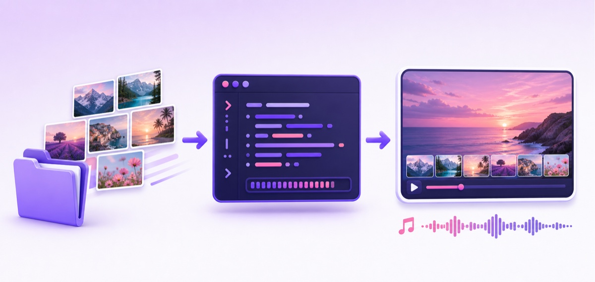 Workflow from an organised photo folder through an ffmpeg render to a slideshow video with music
