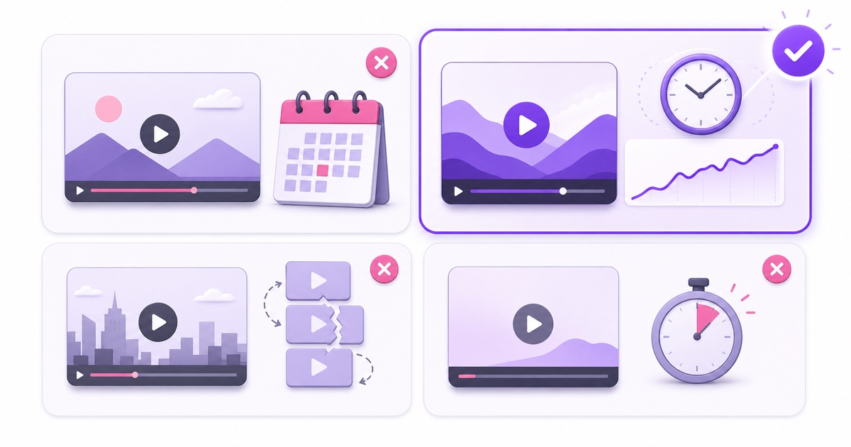 Visual selection matrix contrasting evergreen high-retention videos with dated, fragmented, or very short uploads