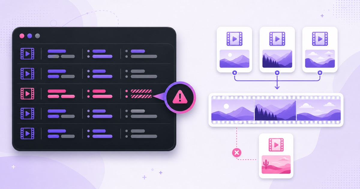 File specification audit showing one mismatched video separated from compatible videos before they join a continuous timeline