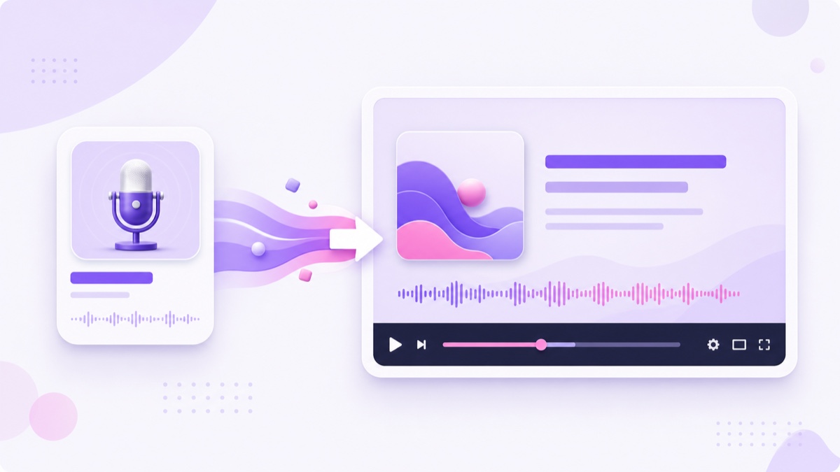 Podcast episode audio being converted into a widescreen video template with show art, waveform, and progress bar