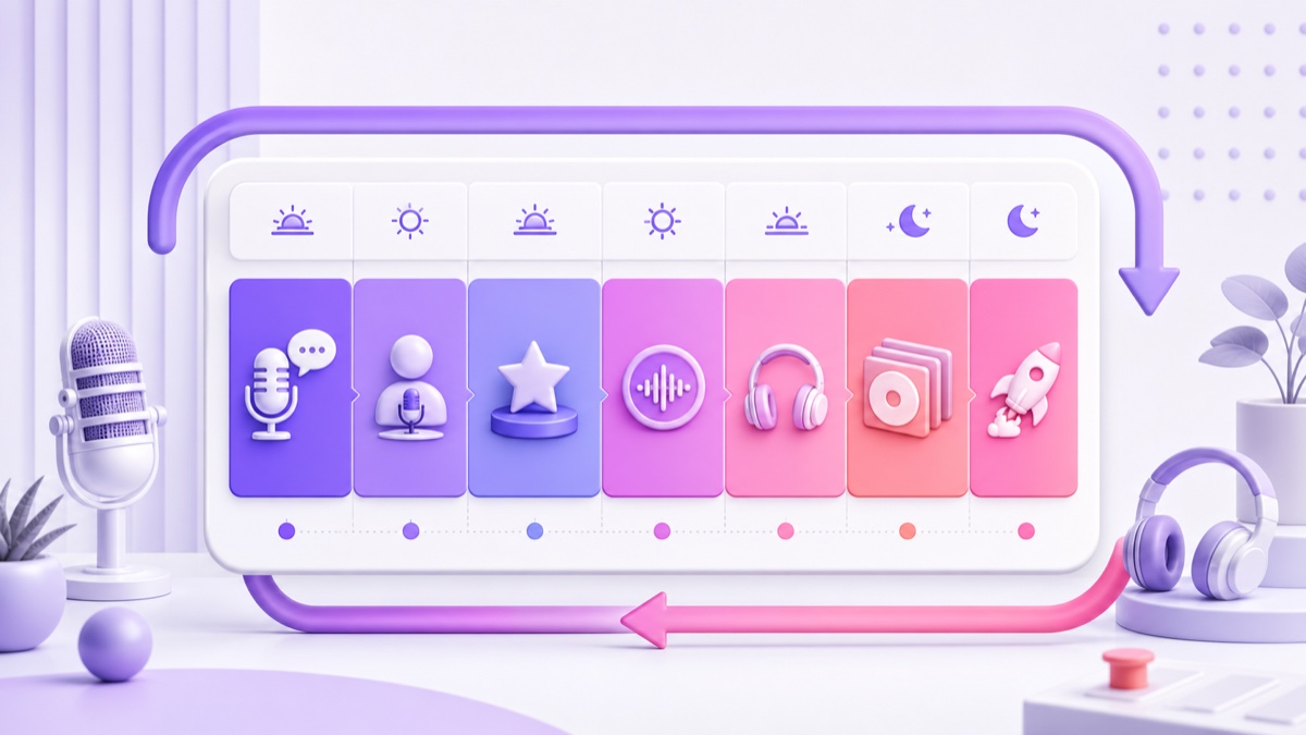 Continuous podcast radio programming grid with themed episode blocks arranged in a looping weekly schedule