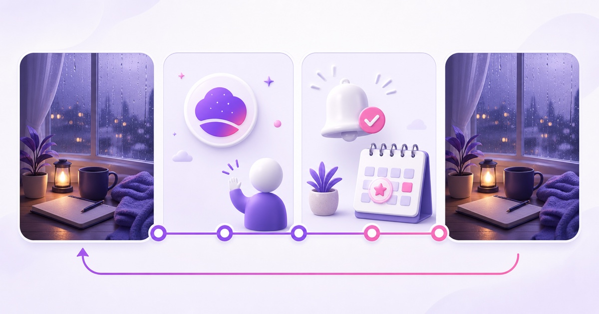 Four-panel storyboard showing an ambience stream, channel identity, subscribe and schedule cues, then a smooth return to the loop