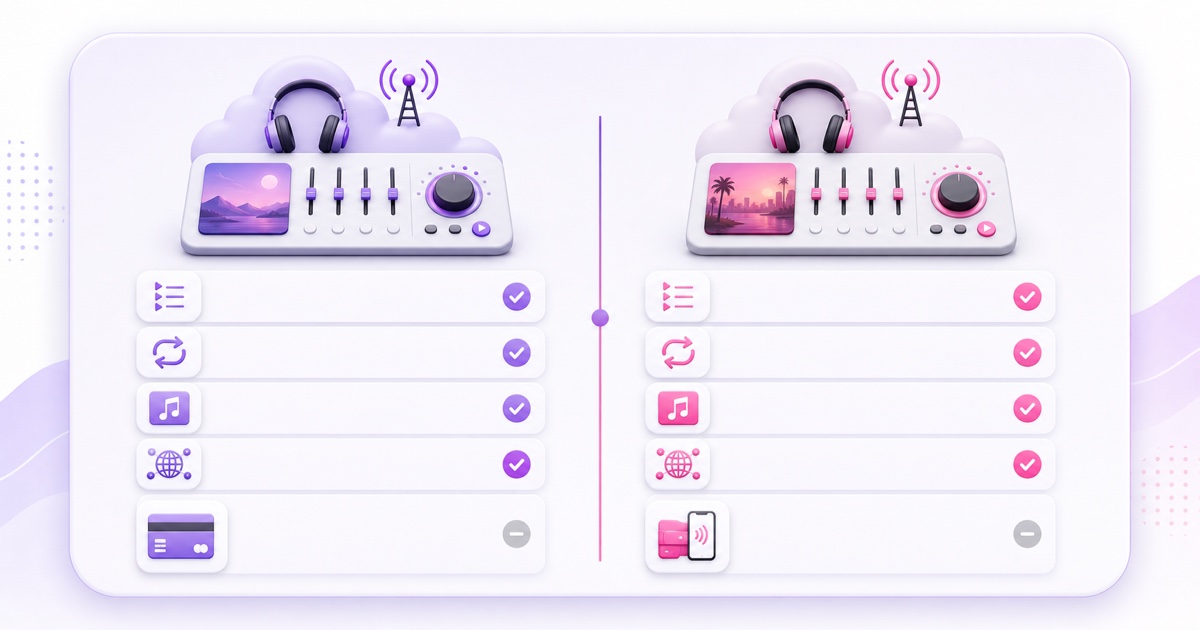 Visual checklist comparing two cloud lofi radio control workflows