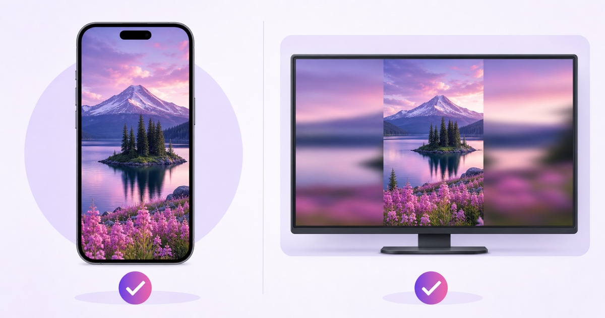 Comparison of a native 9:16 video on a phone and the same portrait video centered on a 16:9 screen with blurred side panels