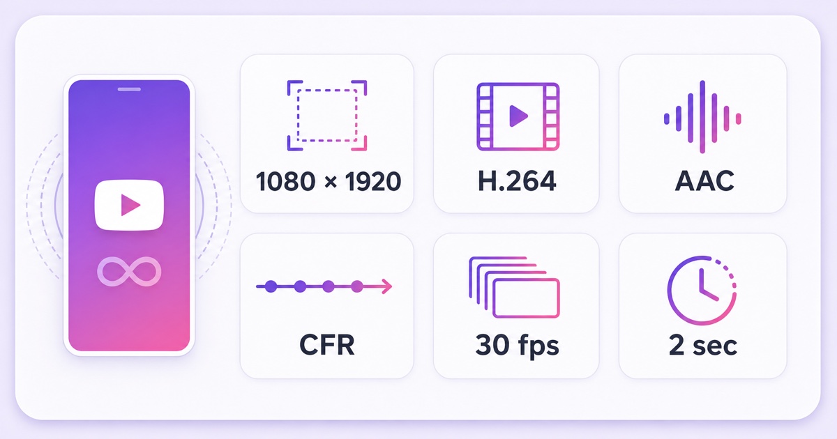 Export settings card for vertical live video showing 1080 by 1920, H.264, AAC, constant frame rate, 30 fps, and two-second keyframes