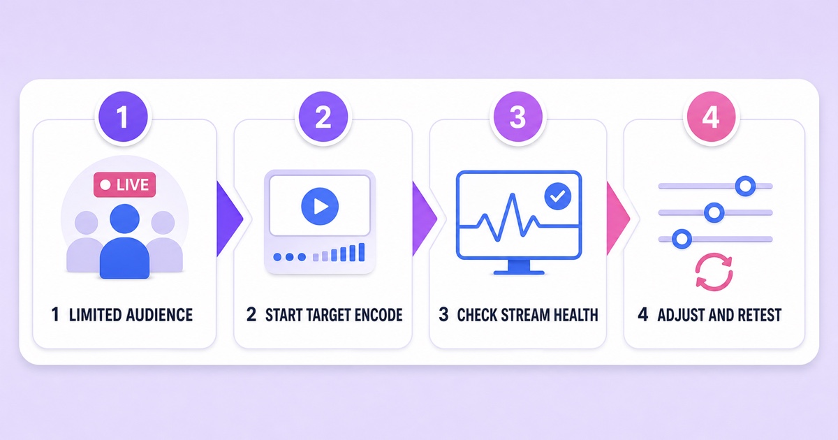 Four-step Facebook Live test flow: choose a limited audience, start the target encode, check stream health, then adjust and retest