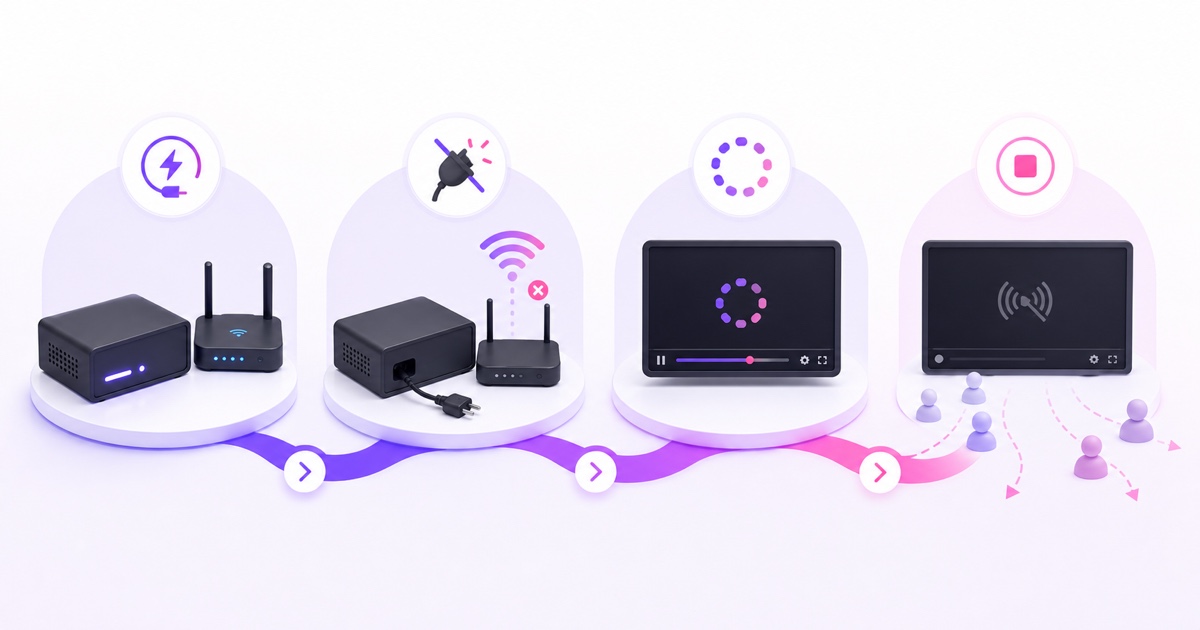 Four-stage diagram showing a powered encoder, power loss, viewer buffering, and an ended live broadcast