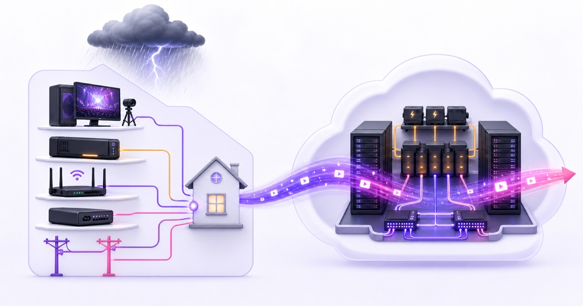 Home streaming resilience stack with UPS, router, backup connections, and a separate cloud data center