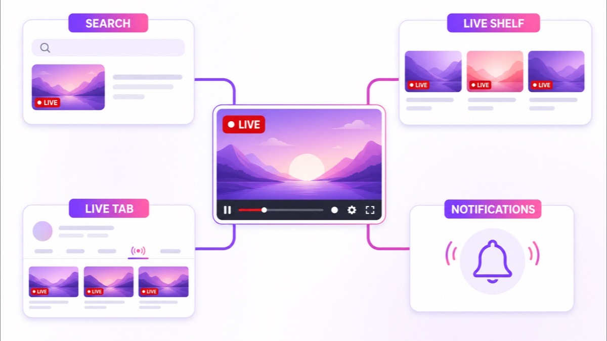 Diagram showing a live broadcast connected to search, a live shelf, the channel Live tab, and subscriber notifications