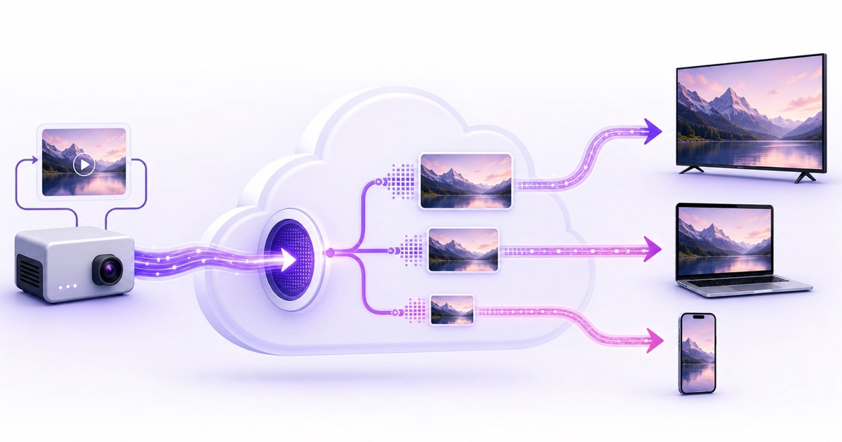 Pipeline from one RTMP encoder feed through platform ingest and transcoding to multiple viewer devices
