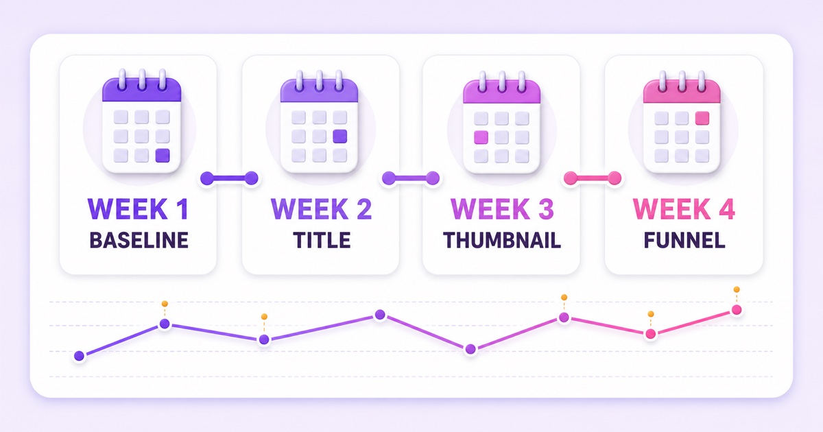 Four-week live stream improvement tracker for baseline, title, thumbnail, and viewer funnel tests