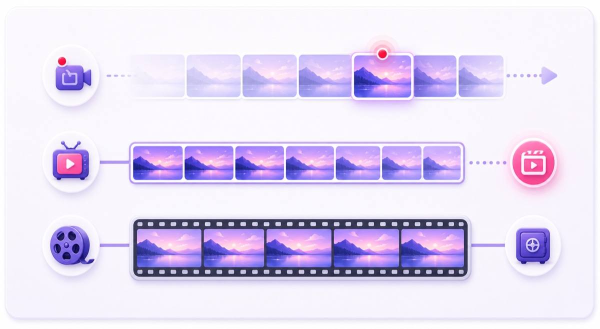 Diagram comparing a rolling live DVR buffer, a post-stream archive, and the permanent source video
